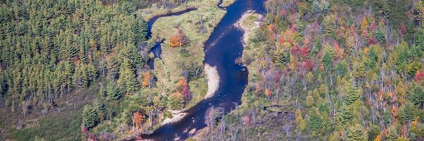 Ausable River West Branch. Photo: L. Master Aerial view of Ausable River watershed